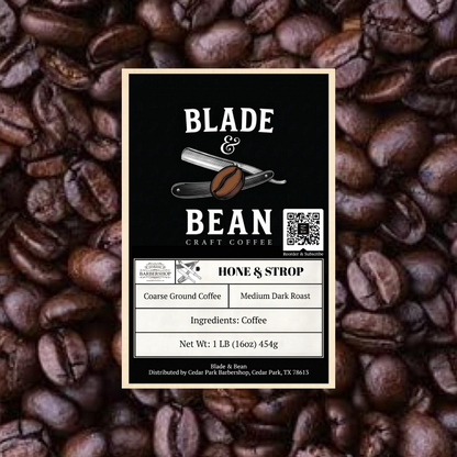 Coffee label for 'Blade & Bean' with coffee beans in the background