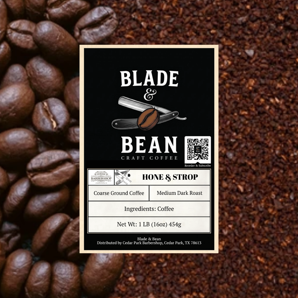 Coffee label for 'Blade & Bean' with coffee beans and grounds in the background
