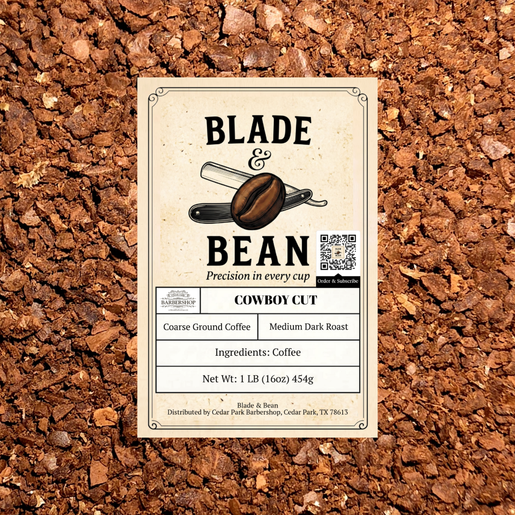 A rectangular coffee label reading BLADE & BEAN and COWBOY CUT, placed on a textured background of brown coffee beans. The label includes product details such as coarse ground coffee, medium dark roast, and net weight.