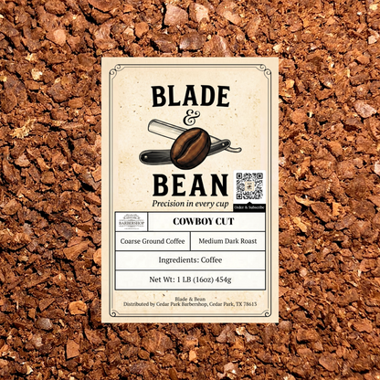 A rectangular coffee label reading BLADE & BEAN and COWBOY CUT, placed on a textured background of brown coffee beans. The label includes product details such as coarse ground coffee, medium dark roast, and net weight.