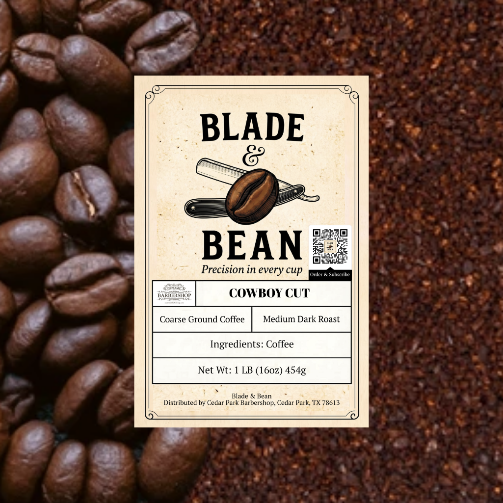 Coffee label for 'Blade & Bean' cowboy cut coffee with coffee beans in the background