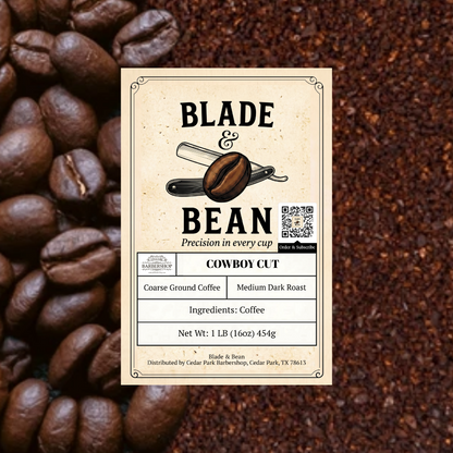 Coffee label for 'Blade & Bean' cowboy cut coffee with coffee beans in the background
