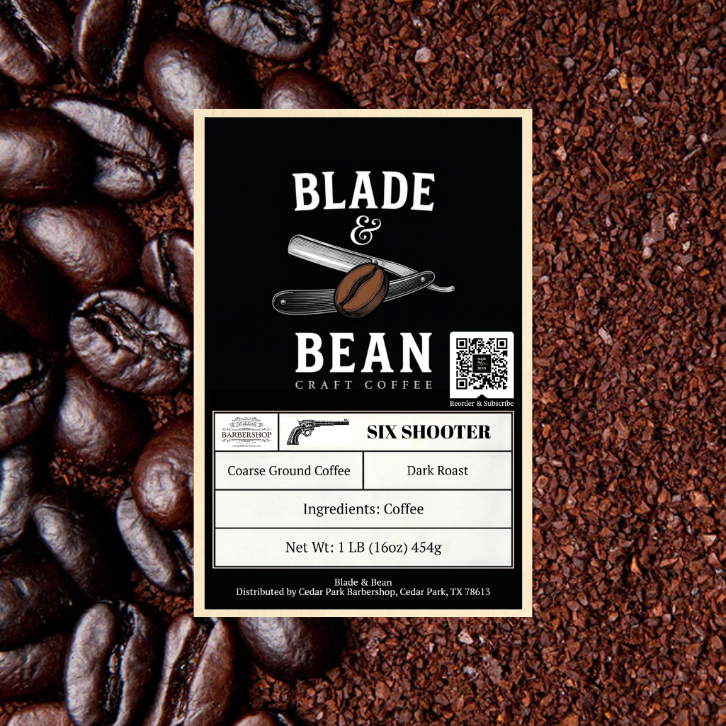 Coffee label for 'Blade & Bean' with coffee beans and grounds in the background