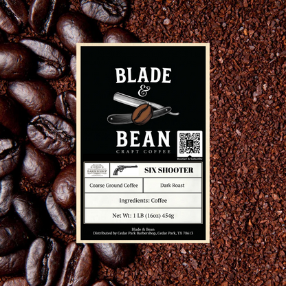 Coffee label for 'Blade & Bean' with coffee beans and grounds in the background
