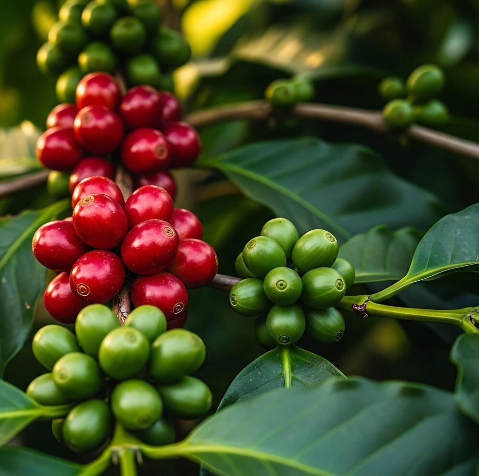 Close-up of red and green Colombia coffee berries on a branch with leaves.