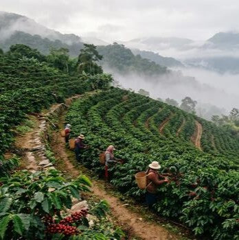 Ethiopia coffee plantation with workers on a misty day