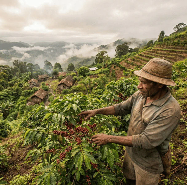 Man tending to coffee plants on a misty mountain landscape at a plantation in Pau Pau New Guinea