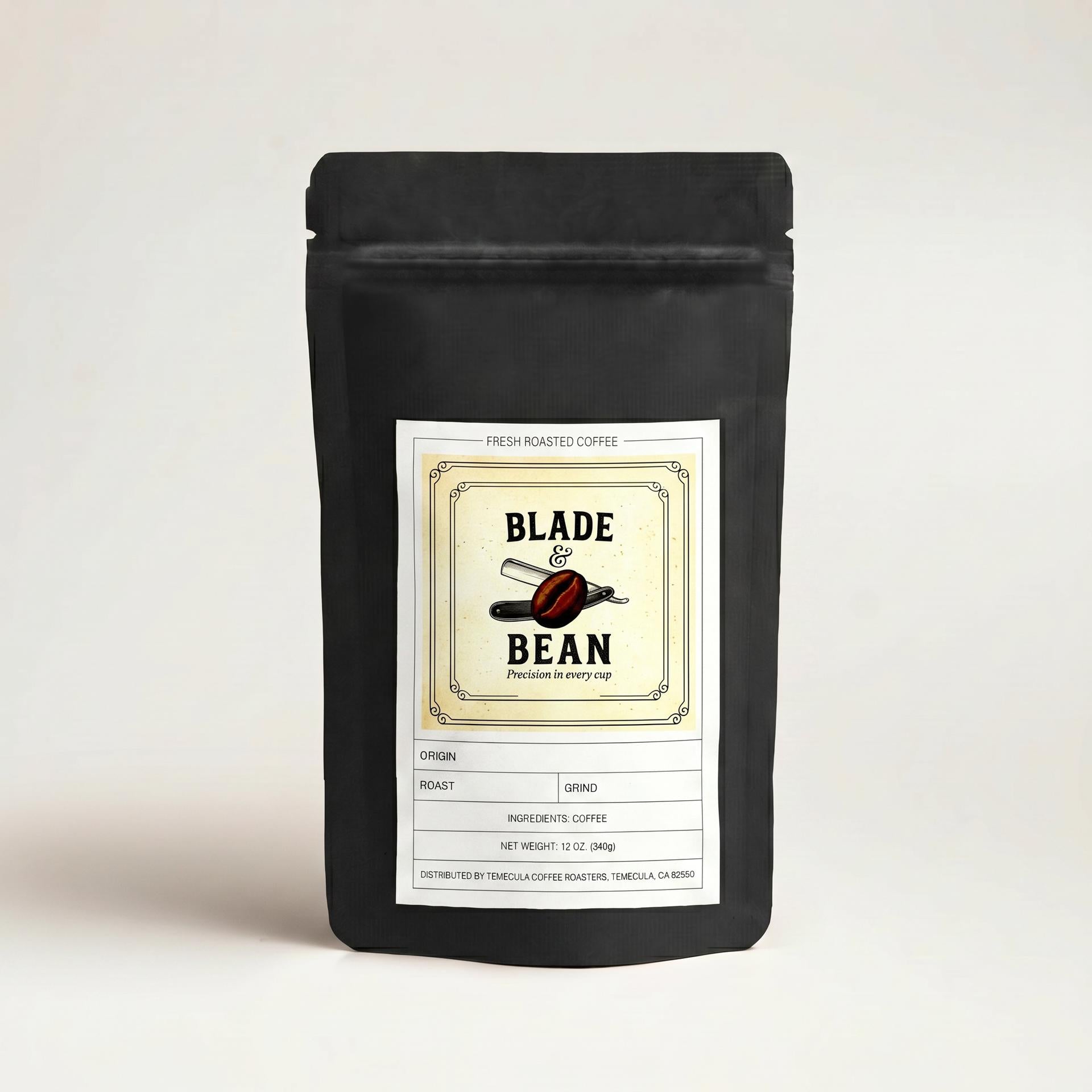Black coffee bag with 'Blade & Bean' label on a light beige background