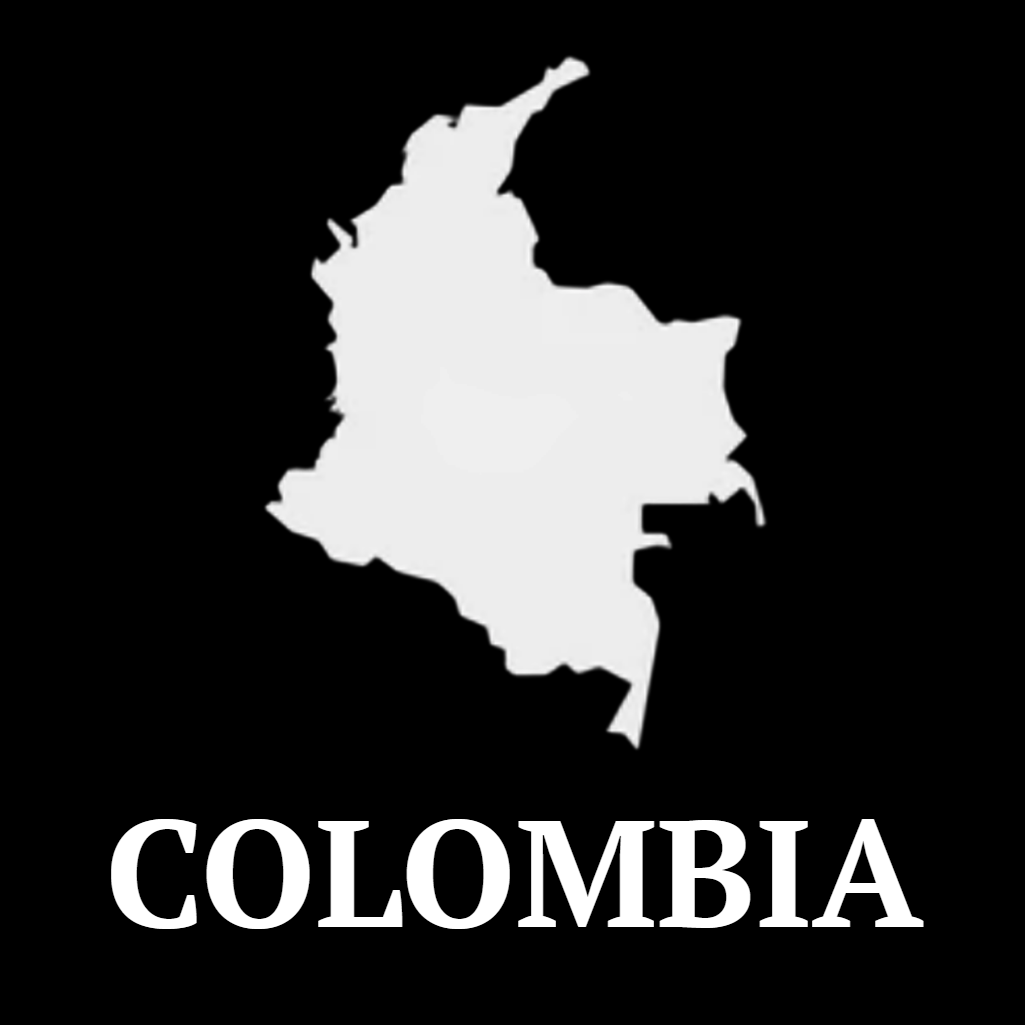 White silhouette of Colombia on a black background with 'COLOMBIA' text.