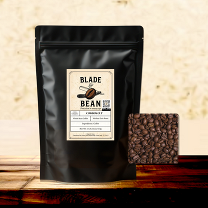 Black coffee bag with 'Blade Bean' label and roasted coffee beans on a wooden surface