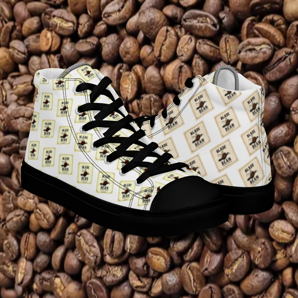 White sneakers with black laces on a background of coffee beans