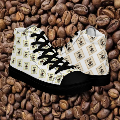 White sneakers with black laces on a background of coffee beans