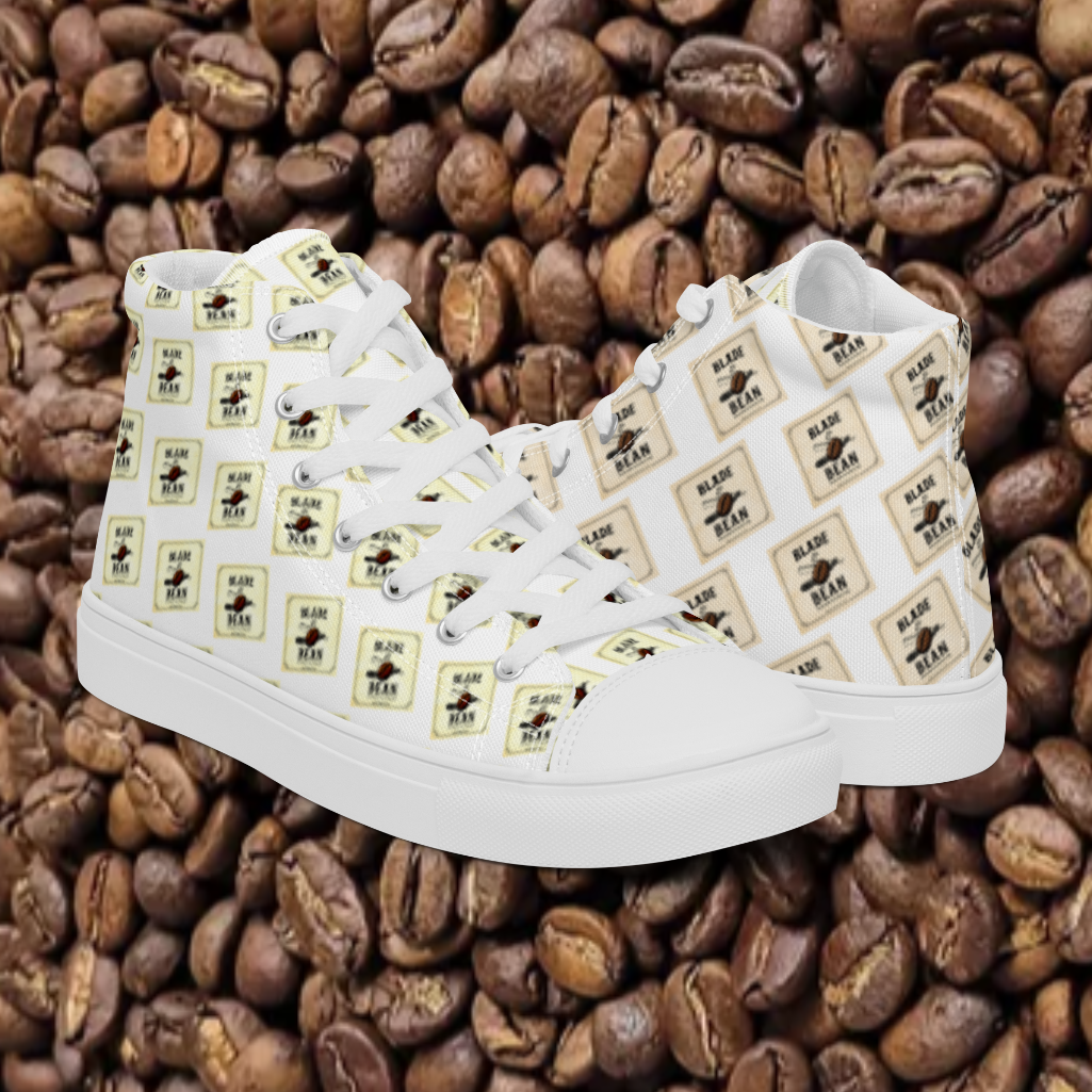 White sneakers with coffee bean pattern on a background of coffee beans