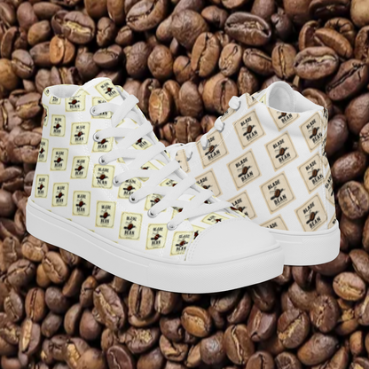 White sneakers with coffee bean pattern on a background of coffee beans