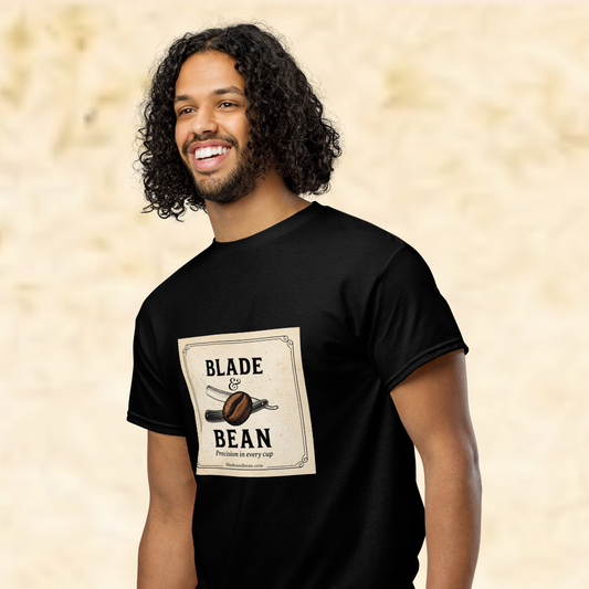 Man wearing a black t-shirt with 'Blade & Bean' design on a beige background