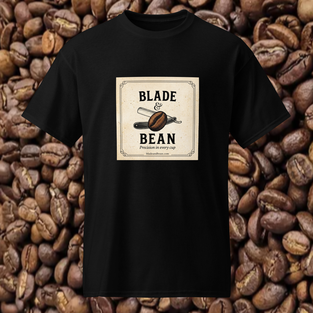 Black t-shirt with 'Blade & Bean' design on a background of coffee beans