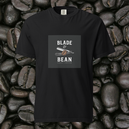 Black t-shirt with 'Blade & Bean' graphic on a background of coffee beans