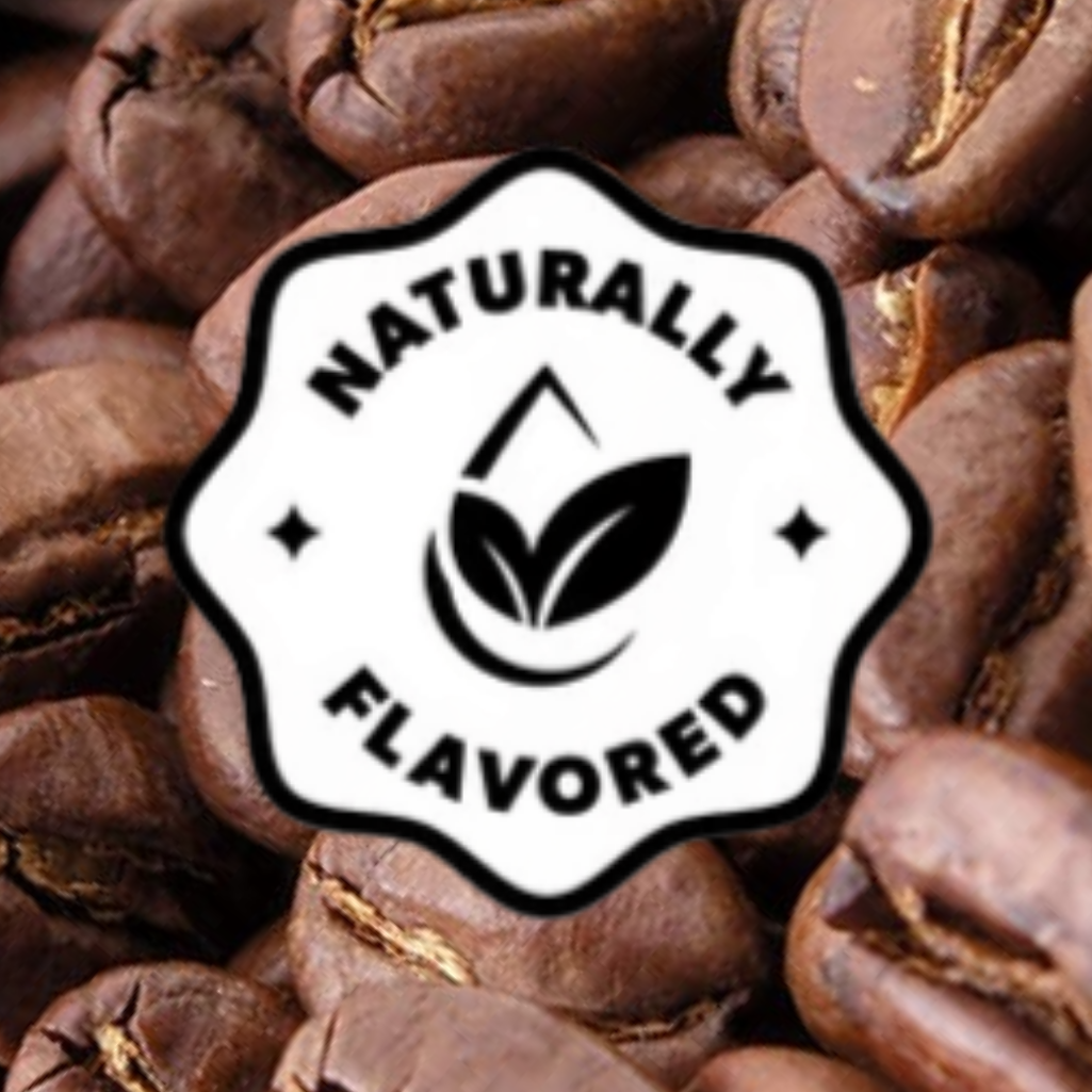 Coffee beans with a 'Naturally Flavored' logo overlay