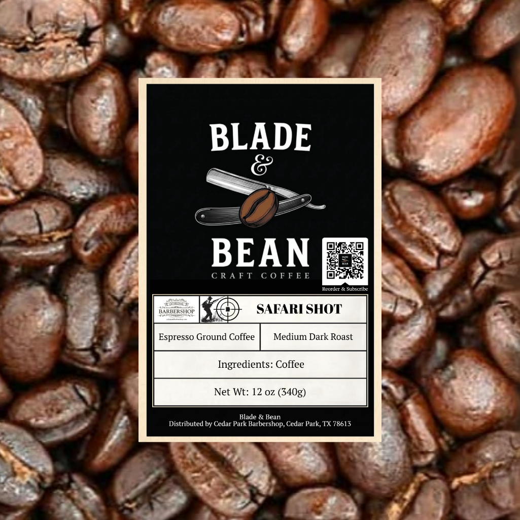 Coffee label for 'Blade & Bean' on a background of coffee beans