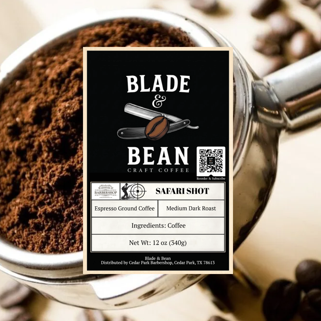 A close-up of a coffee portafilter filled with ground coffee, featuring a centered product label for Blade & Bean Craft Coffee's Safari Shot medium dark roast espresso.