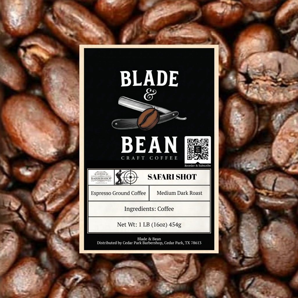 Coffee label for 'Blade & Bean' on a background of coffee beans