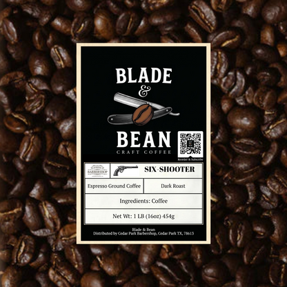 Label for Blade & Bean craft coffee on a background of coffee beans