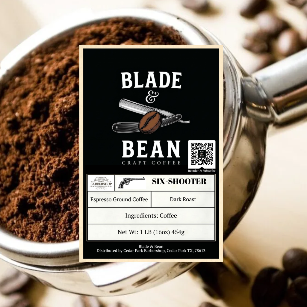 A coffee label for Blade & Bean Craft Coffee, Six Shooter, espresso ground coffee, dark roast, displayed over a metal portafilter filled with coffee grounds.