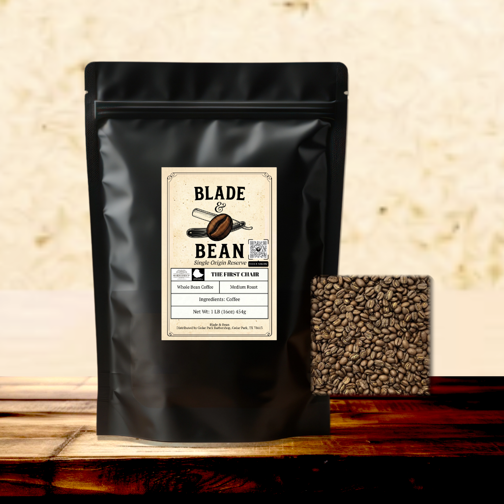 Black coffee bag with 'Blade Bean' label and coffee beans on a wooden surface