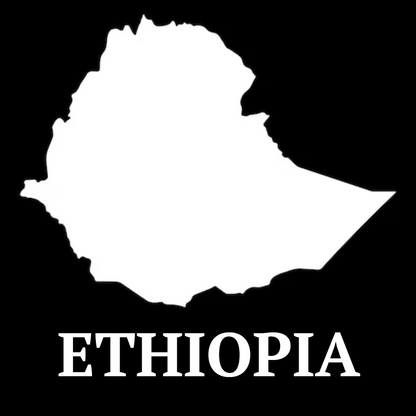 White outline of Ethiopia on a black background with 'ETHIOPIA' text below.