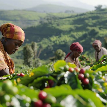 Farmers picking coffee beans in a lush green landscape in Ethiopia
