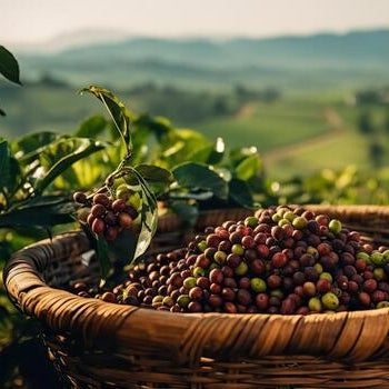 Basket of Ethiopian raw coffee beans with a scenic background of green hills on a coffee plantation.