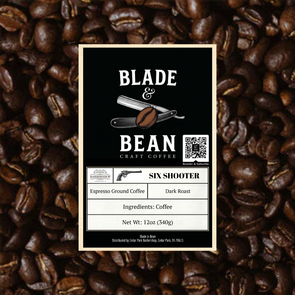 Coffee label for 'Blade & Bean' on a background of coffee beans