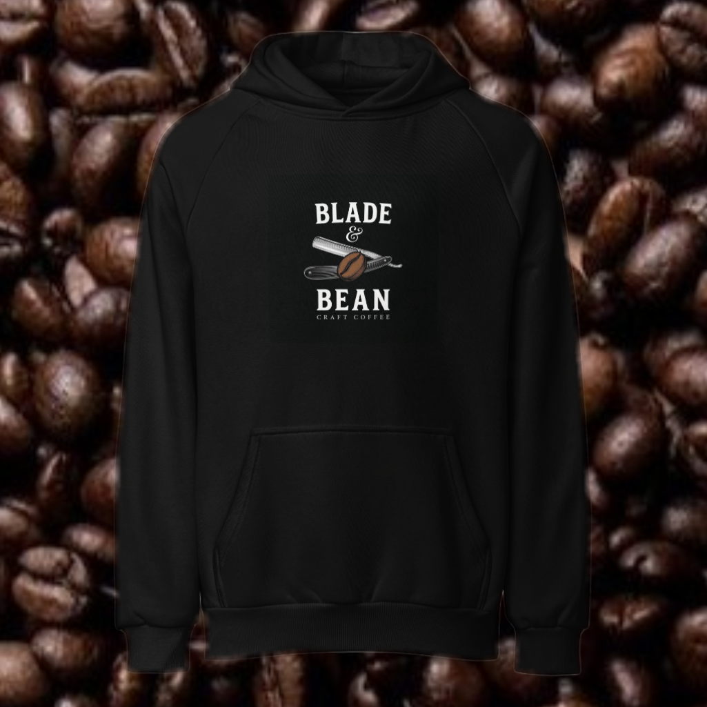 Black hoodie with 'Blade & Bean' logo on a background of coffee beans