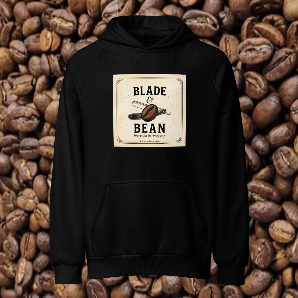 Black hoodie with 'Blade & Bean' logo on a background of coffee beans