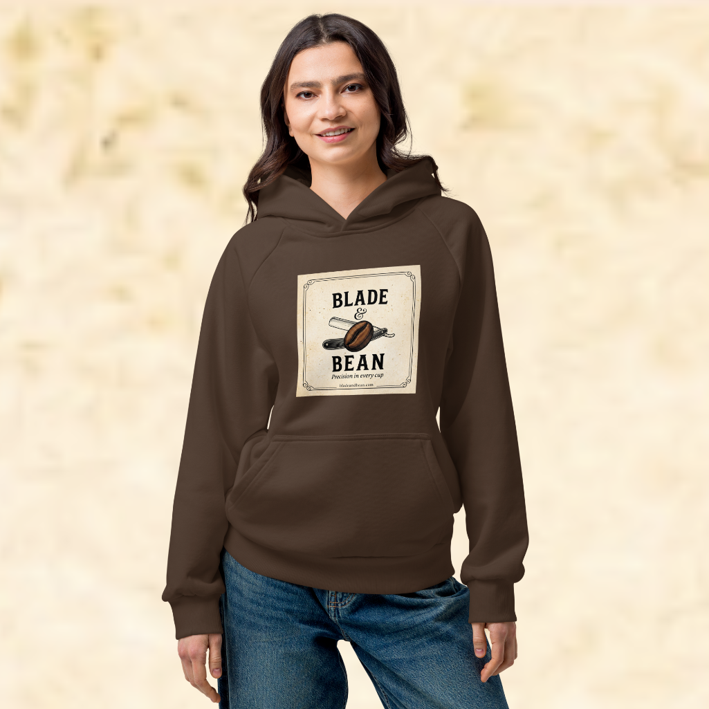 Person wearing a brown hoodie with a graphic design on a beige background