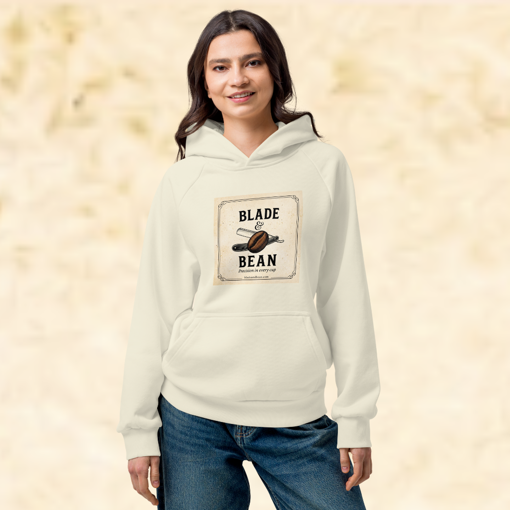 Person wearing a hoodie with 'Blade for a Bean' design on a beige background