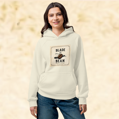 Person wearing a hoodie with 'Blade for a Bean' design on a beige background