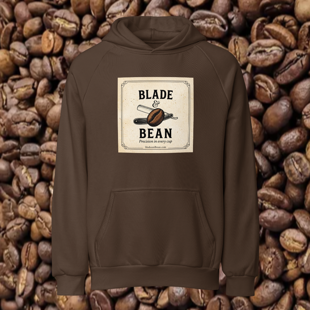 Brown hoodie with 'Blade & Bean' logo on a background of coffee beans