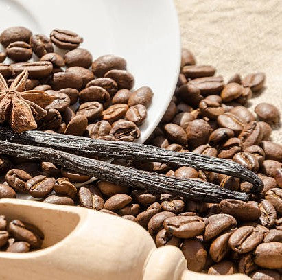 Roasted coffee beans with vanilla beans and star anise on a white plate.