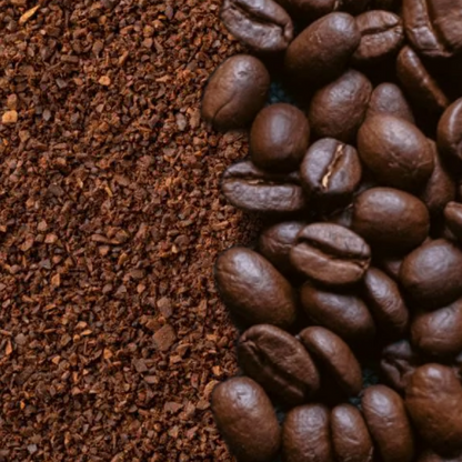 Close-up of coffee beans and ground coffee