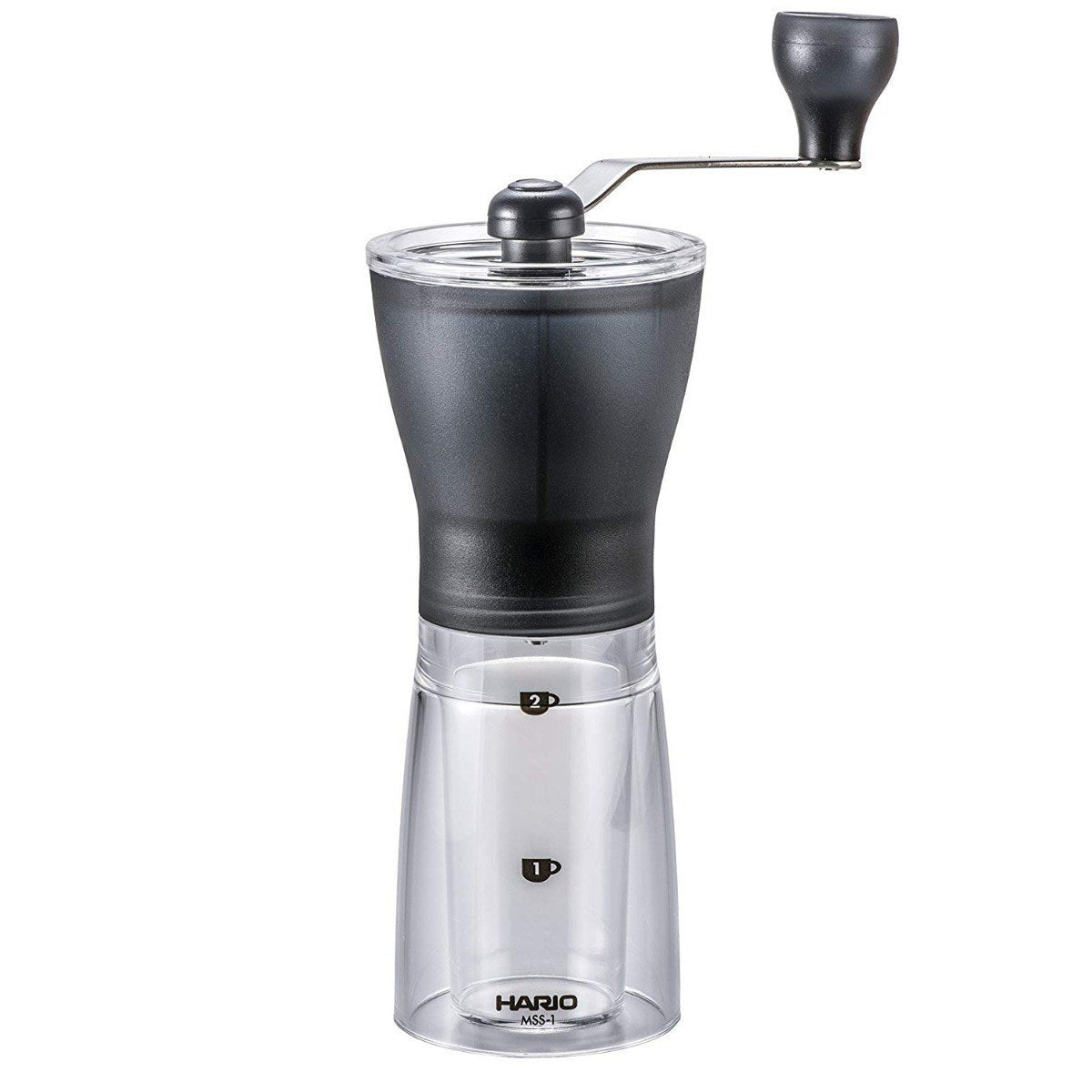 Hario Mini Slim+ hand coffee grinder with clear and black design on a white background