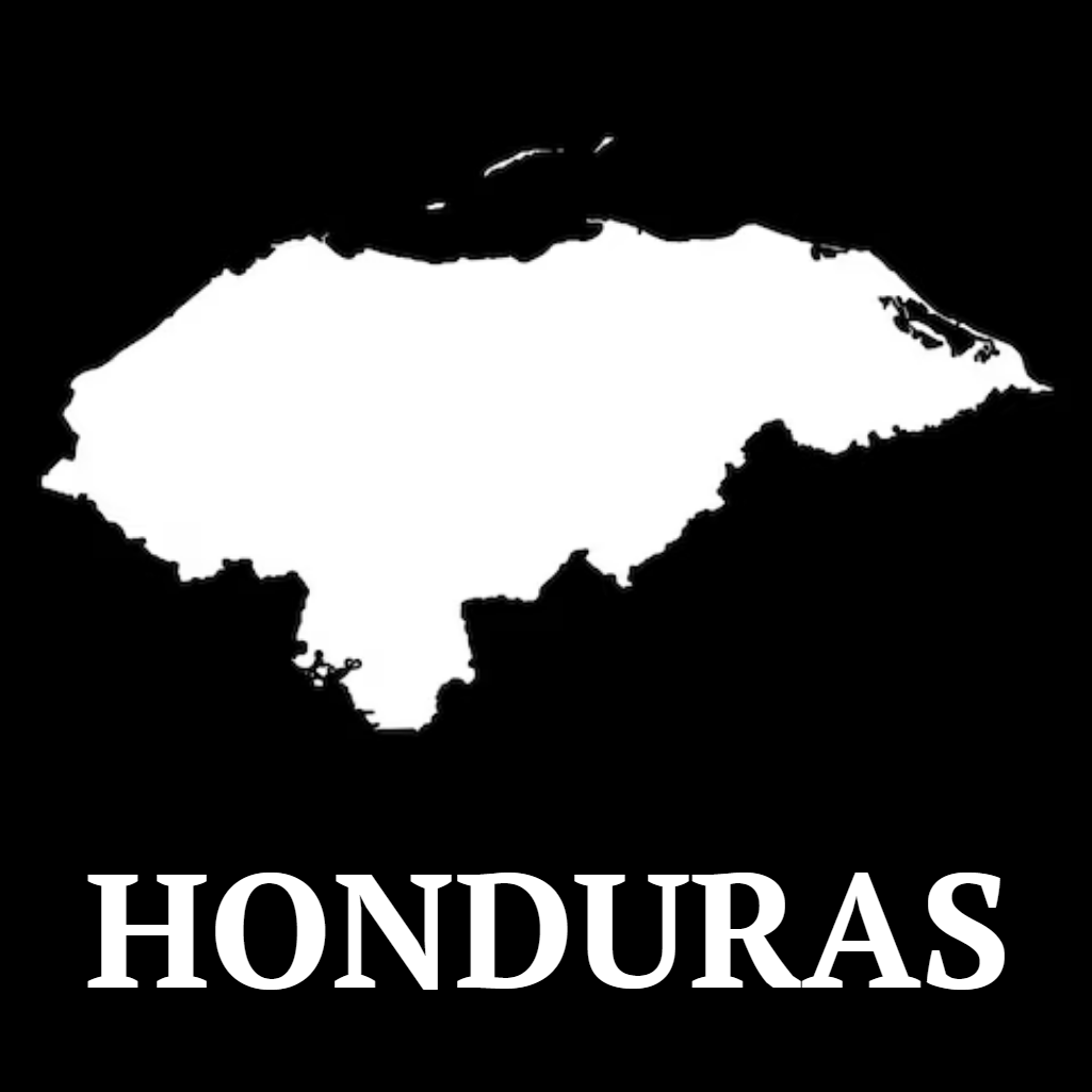 White outline of Honduras on a black background with 'HONDURAS' text below.