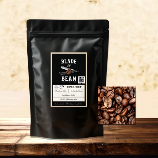 Hone & Strop Product Bag with a call out of dark roasted beans sitting on a wooden table with a kraft speckled background