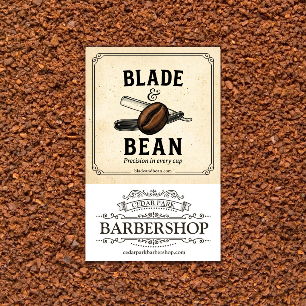 A rectangular bar label for Blade & Bean Barbershop is centered over a textured background of brown coffee beans. The label has a cream top half with an illustration of a coffee bean and razor, and a white bottom half with the Cedar Park Barbershop name and website.