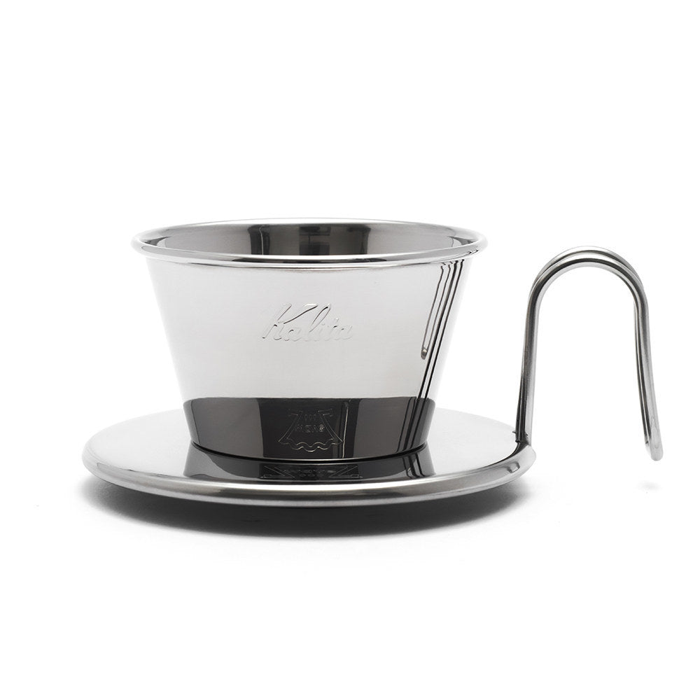 Coffee dripper with a stainless steel container and metal collar on a white background