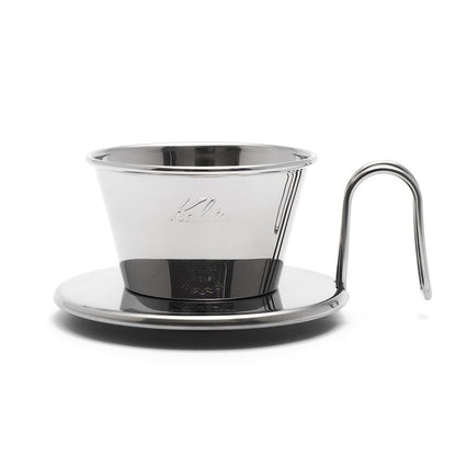 Coffee dripper with a stainless steel container and metal collar on a white background