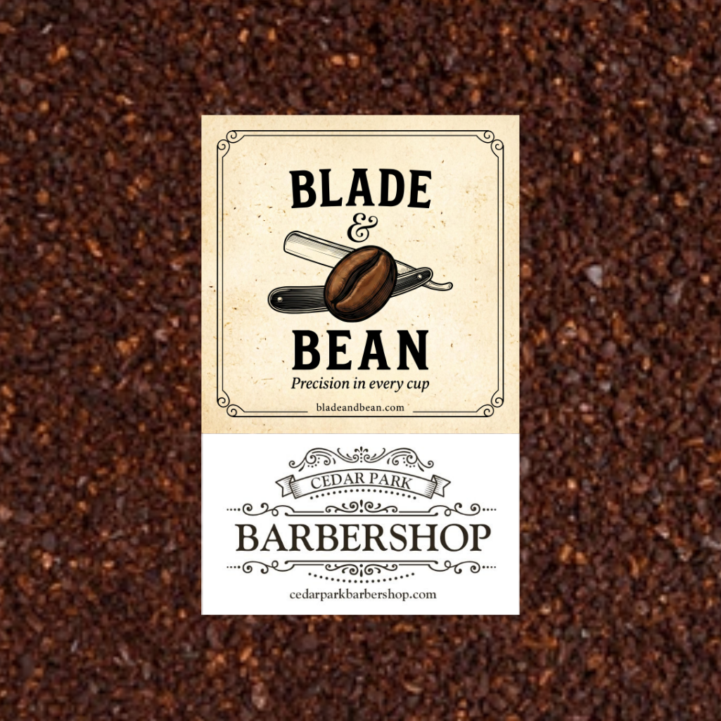 Two business cards for 'Blade & Bean' and 'Cedar Park Barbershop' on a coffee bean background.