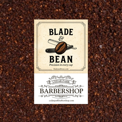 Two business cards for 'Blade & Bean' and 'Cedar Park Barbershop' on a coffee bean background.