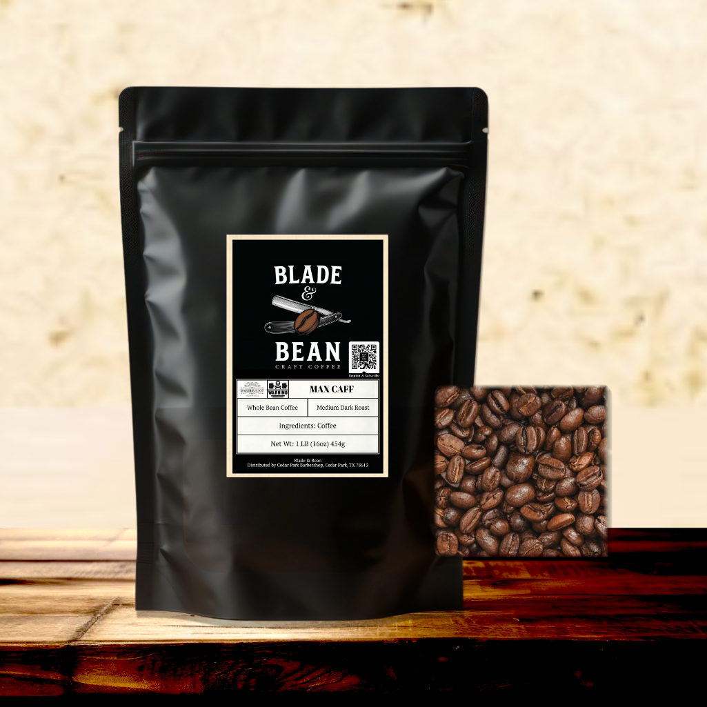 Black coffee bag with 'Blade & Bean' label and coffee beans on a wooden surface