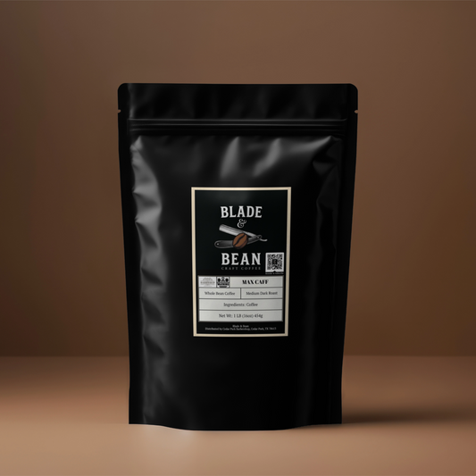 Black coffee packaging with 'Blade & Bean' label on a brown background